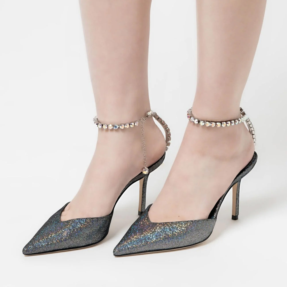 Jimmy Choo Saeda 85 Crystal Textured Leather Ankle Strap Heels Silver Smoke