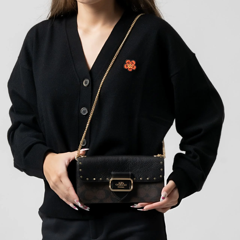 Morgan Crossbody In Colorblock Signature Canvas With Rivets Brown Black