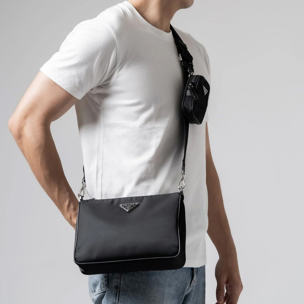 Prada Triangular Logo Nylon and Saffiano Leather Shoulder Bag Black