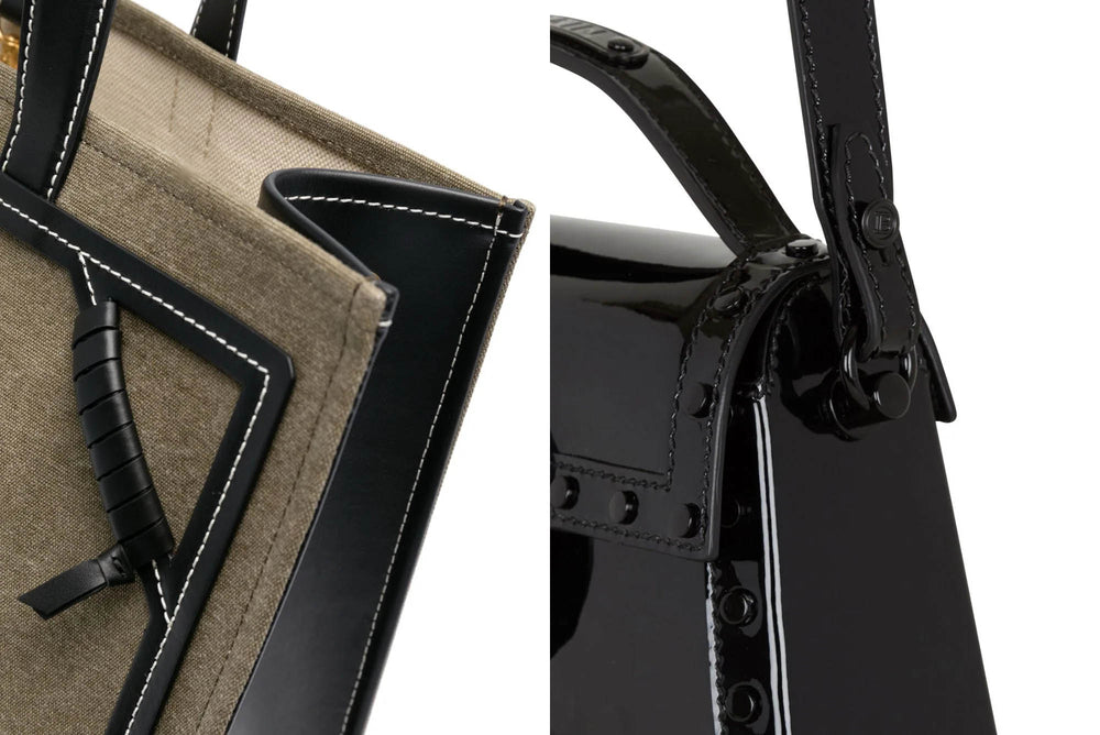 Penggunaan warna benang yang sama dan berbeda dengan warna material untuk membuat tas Balmain