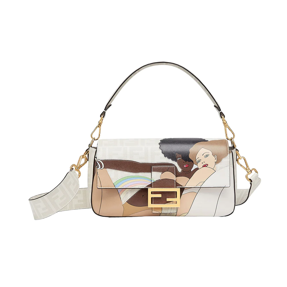 Fendi FF Fabric Baguette Bag with Inlay White Glazed
