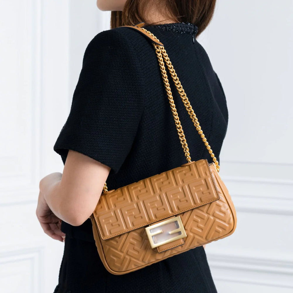 Fendi Baguette Chain Midi Leather Bag FF Embossed Brown Ghw