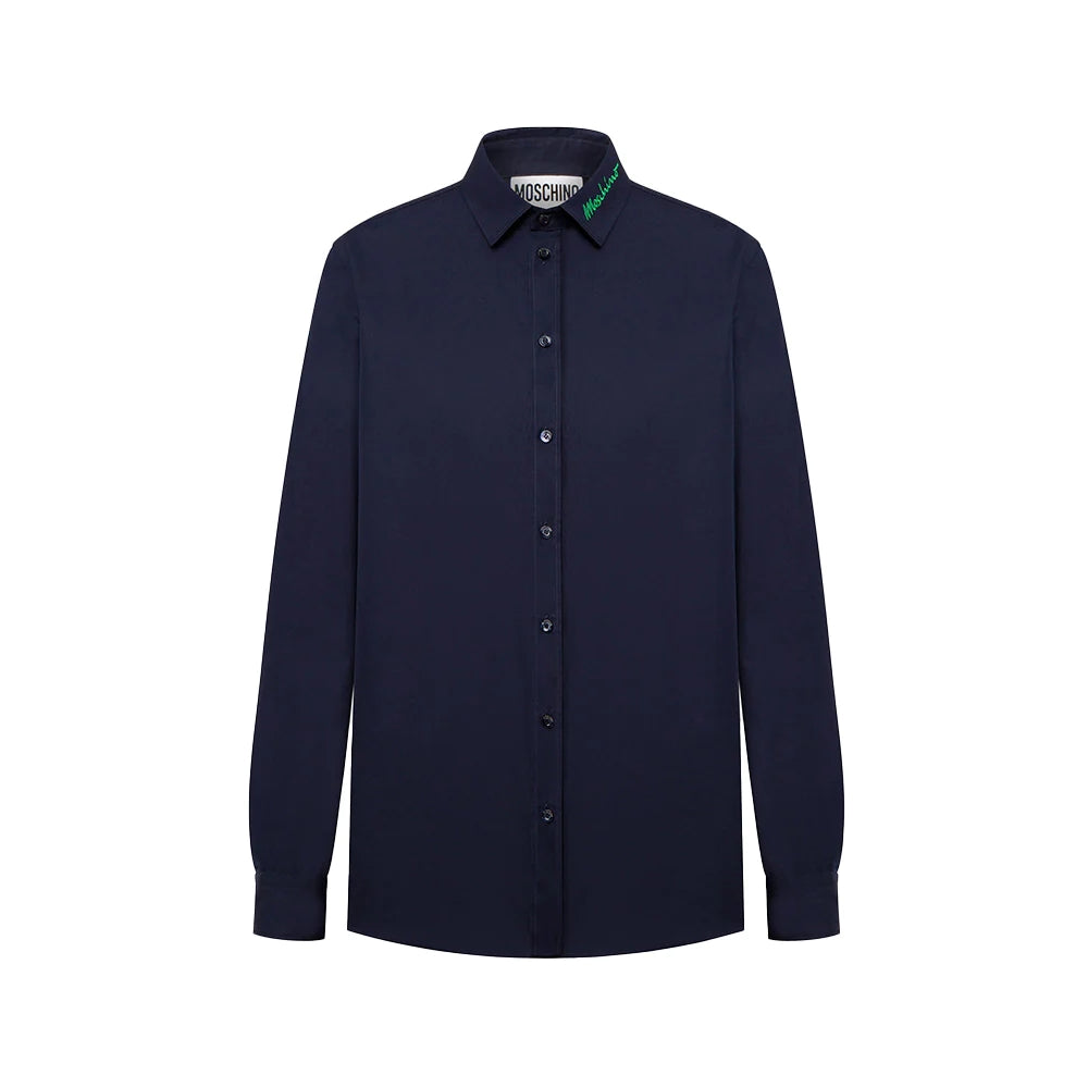 Moschino Collar Lettering Logo Embroidered Long Sleeve Shirt Navy