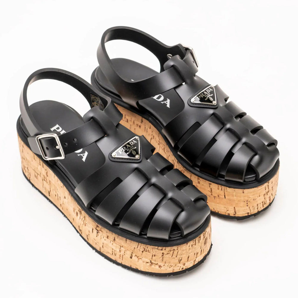 Prada Rubber Wedge Platform Sandals 75mm Black