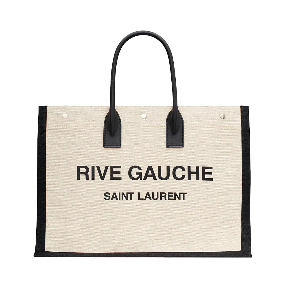 Rive Gauche Large Tote Bag Canvas and Smooth Leather Greige Black