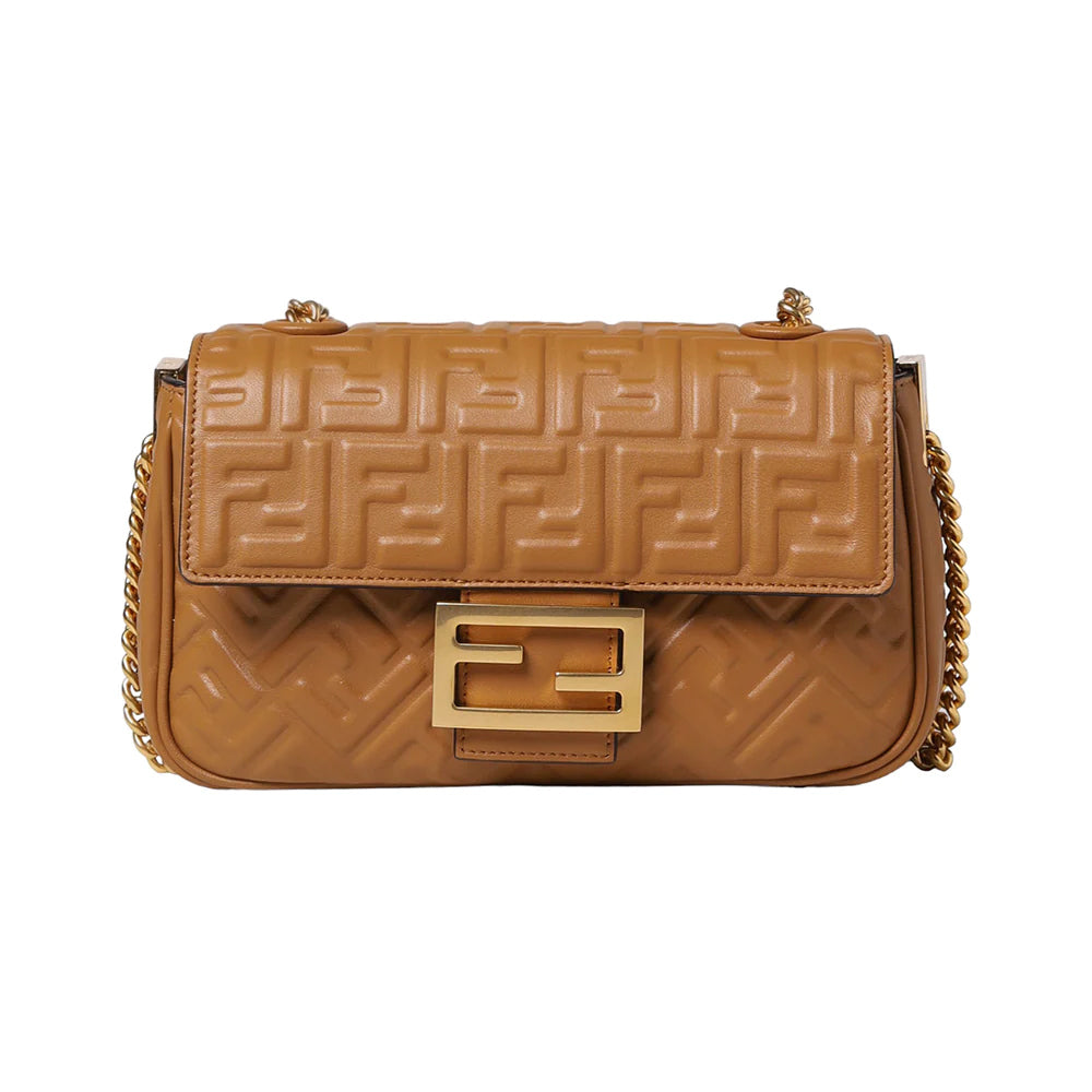 Fendi Baguette Chain Midi Leather Bag FF Embossed Brown Ghw 
