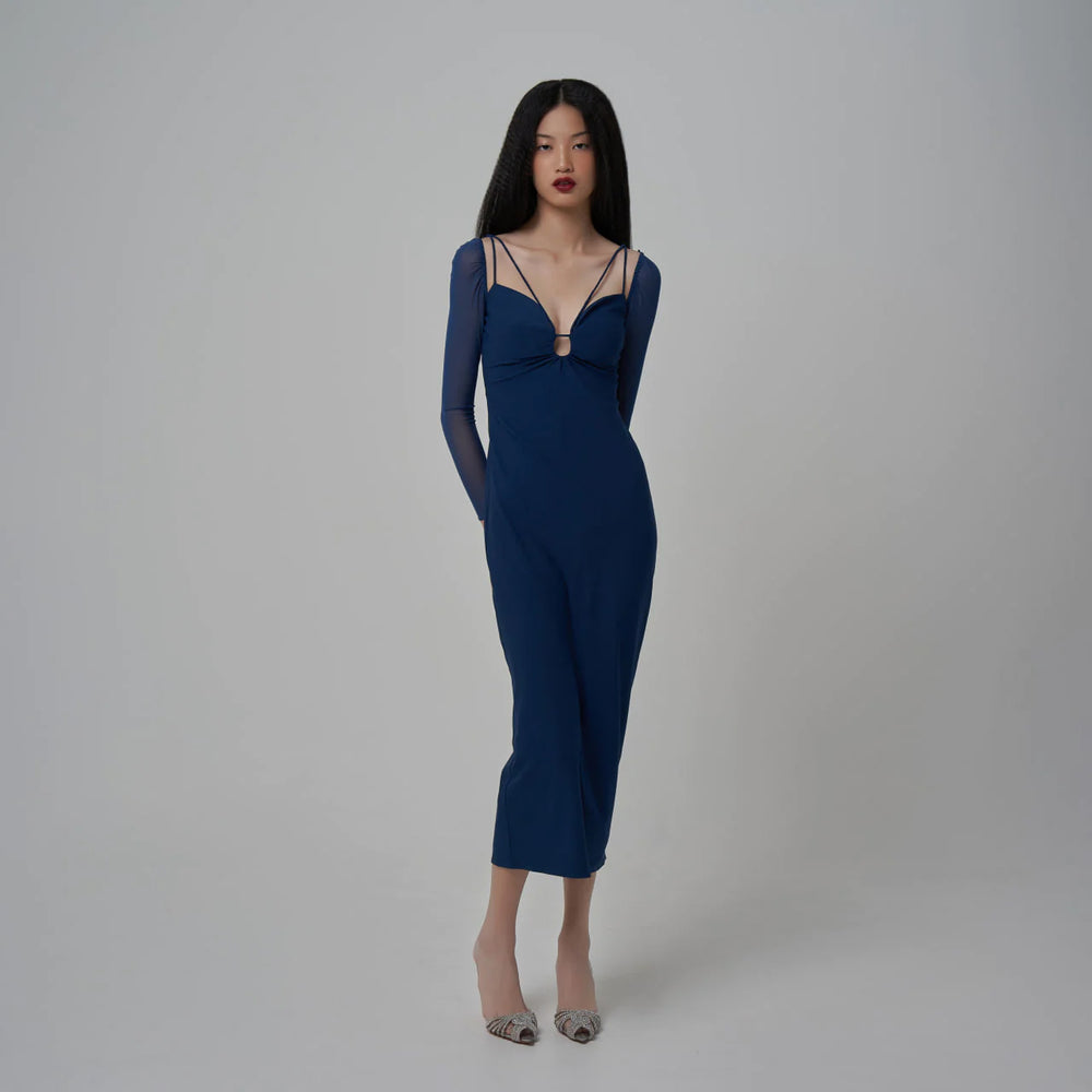 Self Portrait Jersey Crepe Midi Dress Dark Blue