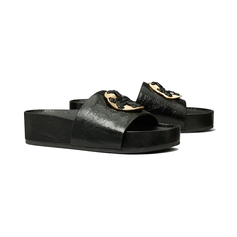 Tory Burch Double T Woven Crinkled Leather Flatform Slide Black