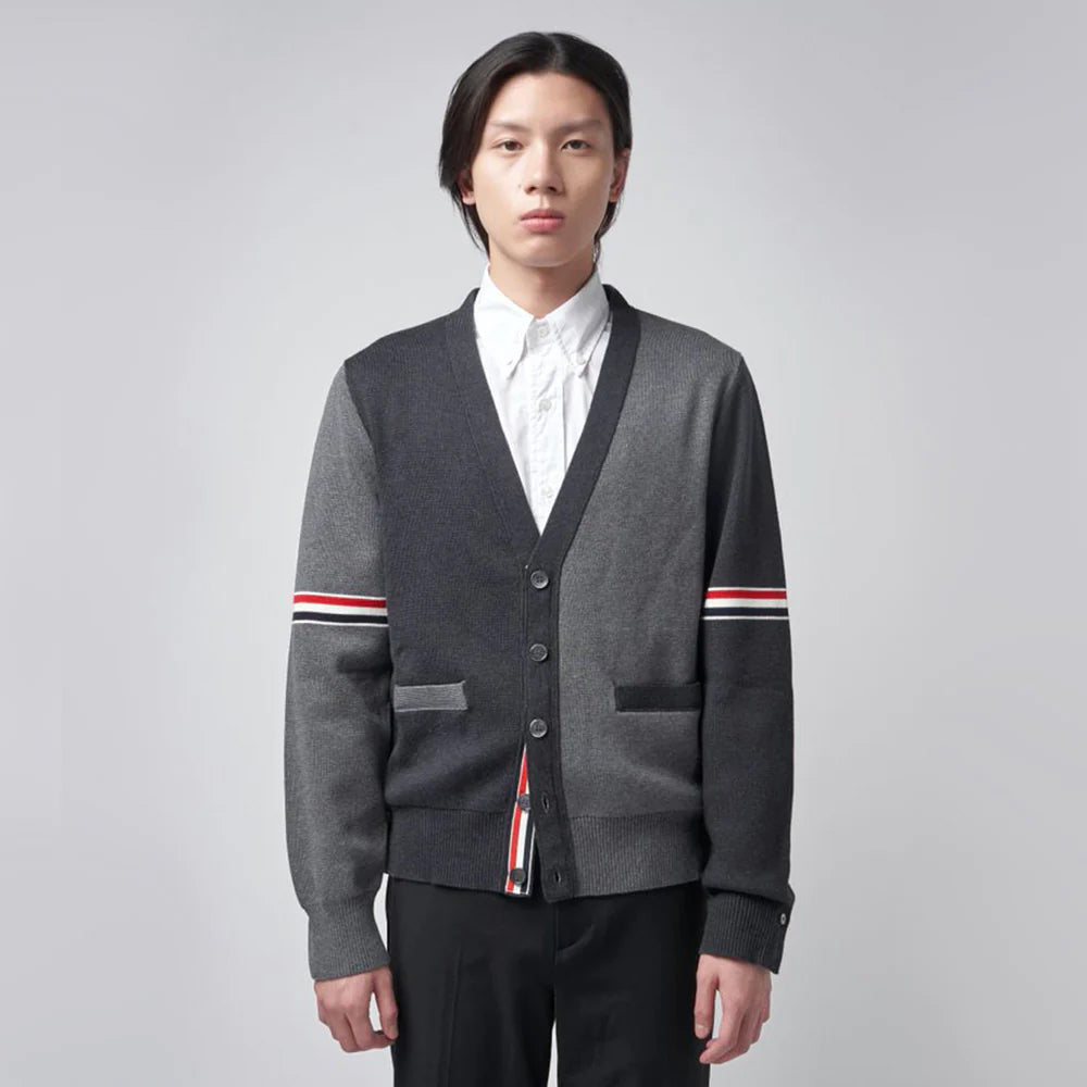 Thom Browne Color Block V-Neck Button Cardigan Jumper Black Grey
