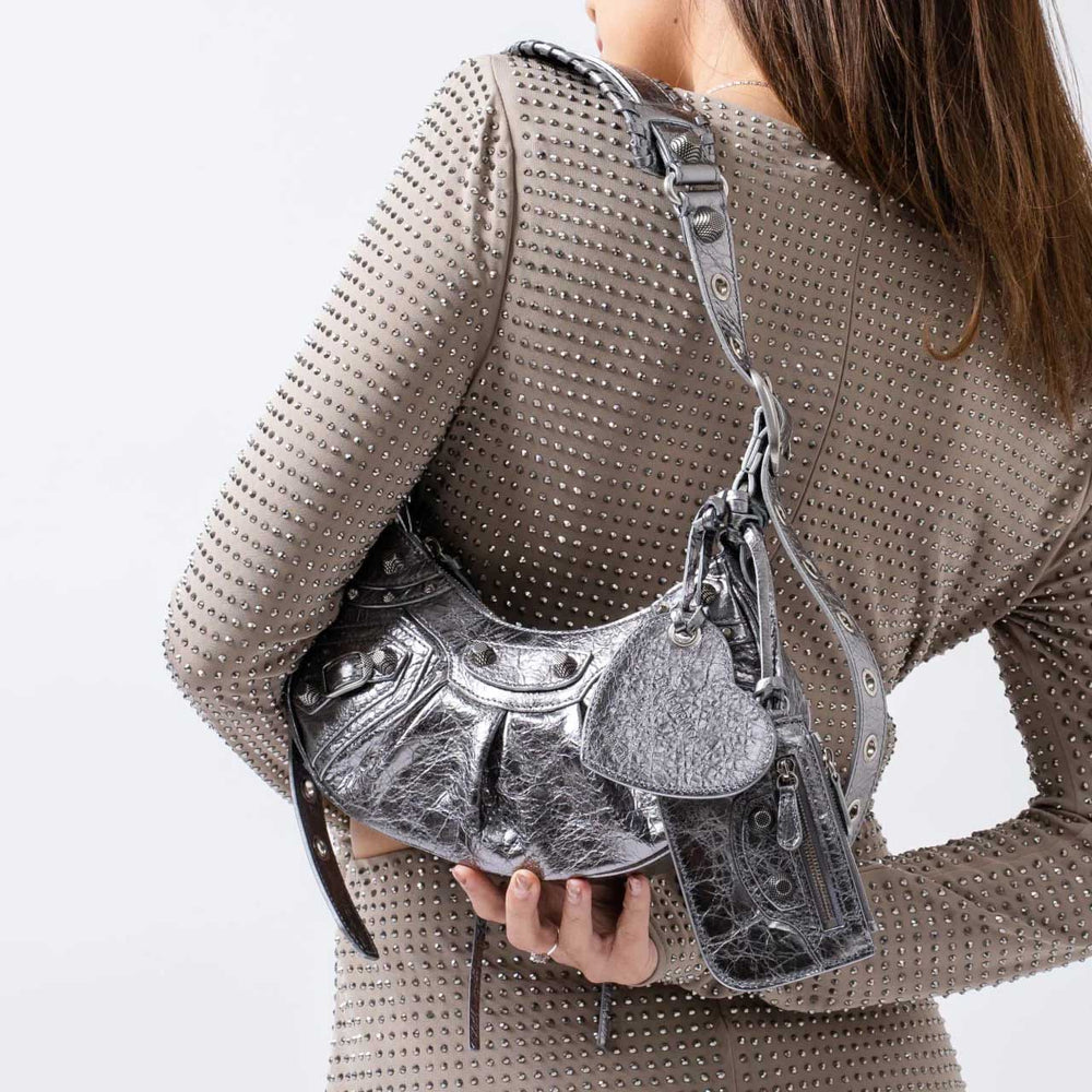 Balenciaga Le Cagole XS Shoulder Bag Metallized Leather Silver Shw