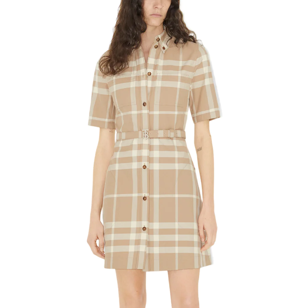 Burberry Check Cotton Gabardine Shirt Dress Soft Fawn with TB Belt