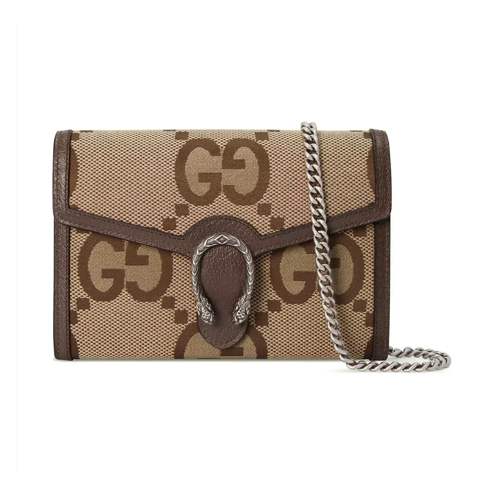 Gucci Dionysus Jumbo GG Chain Wallet Camel Ebony Brown