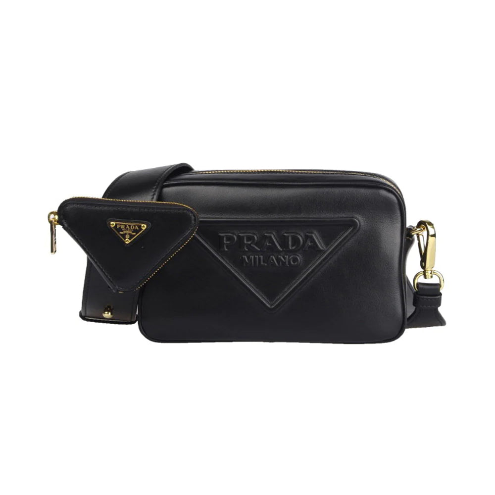 Prada Logo Embossed Leather Camera Bag Black