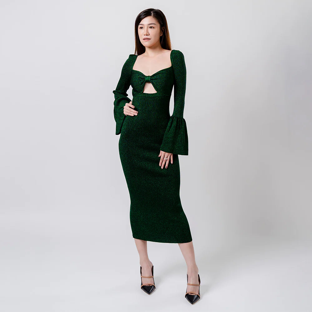 Self Portrait Lurex Bow Detailed Knit Midi Dress Green