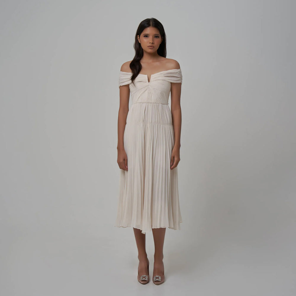 Self Portrait Pleated Off-Shoulder Chiffon Midi Dress Cream