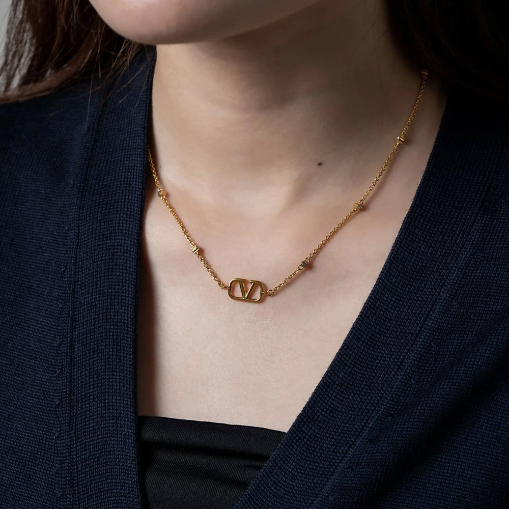 Valentino Garavani Mini VLogo Signature Necklace Metal Gold and Swarovski Crystal