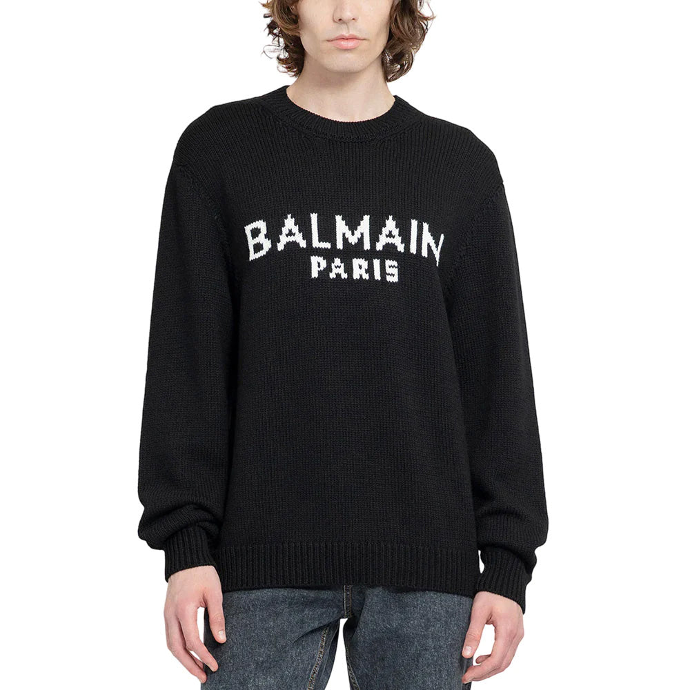 Balmain Logo Merino Wool Sweater Black White