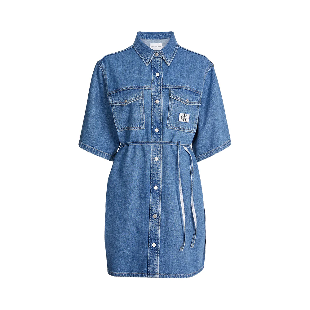 Calvin Klein Belted Denim Shirt Dress Mid Stone Blue
