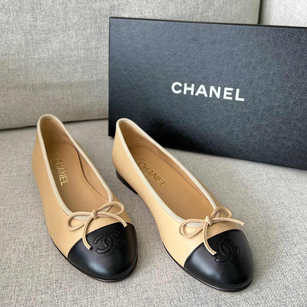 Chanel Logo Stitch Lambskin Leather Ballerina Beige Black