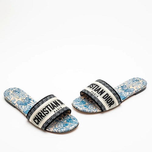 Dway Sandals Slide Toile de Jouy Embroidered Cotton Duck Blue Brocart Motif