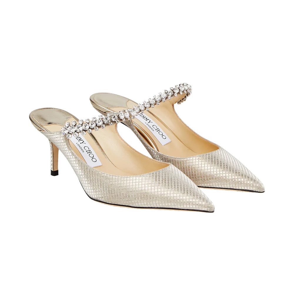 Jimmy Choo Bing 65 Diamond Glitter Fabric Crystal Strap Heels Champagne