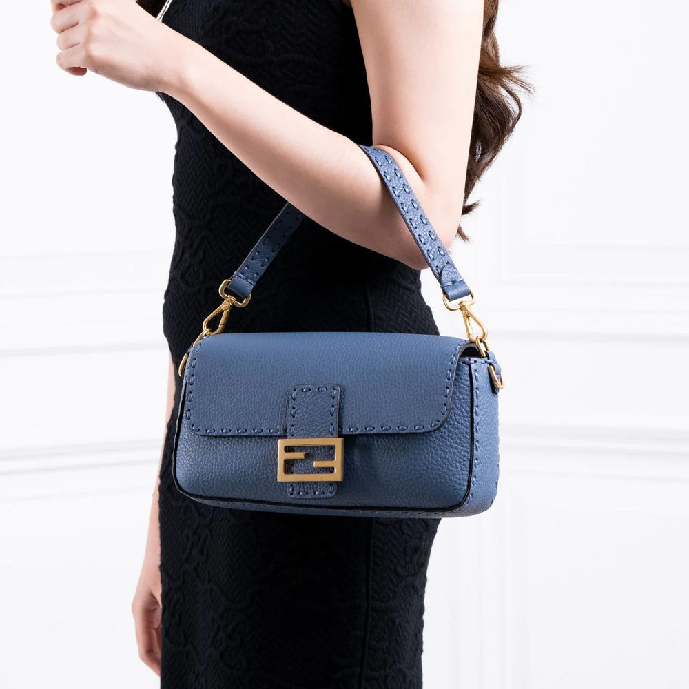 Fendi Baguette Handle Bag with Oversize Topstitching Blue