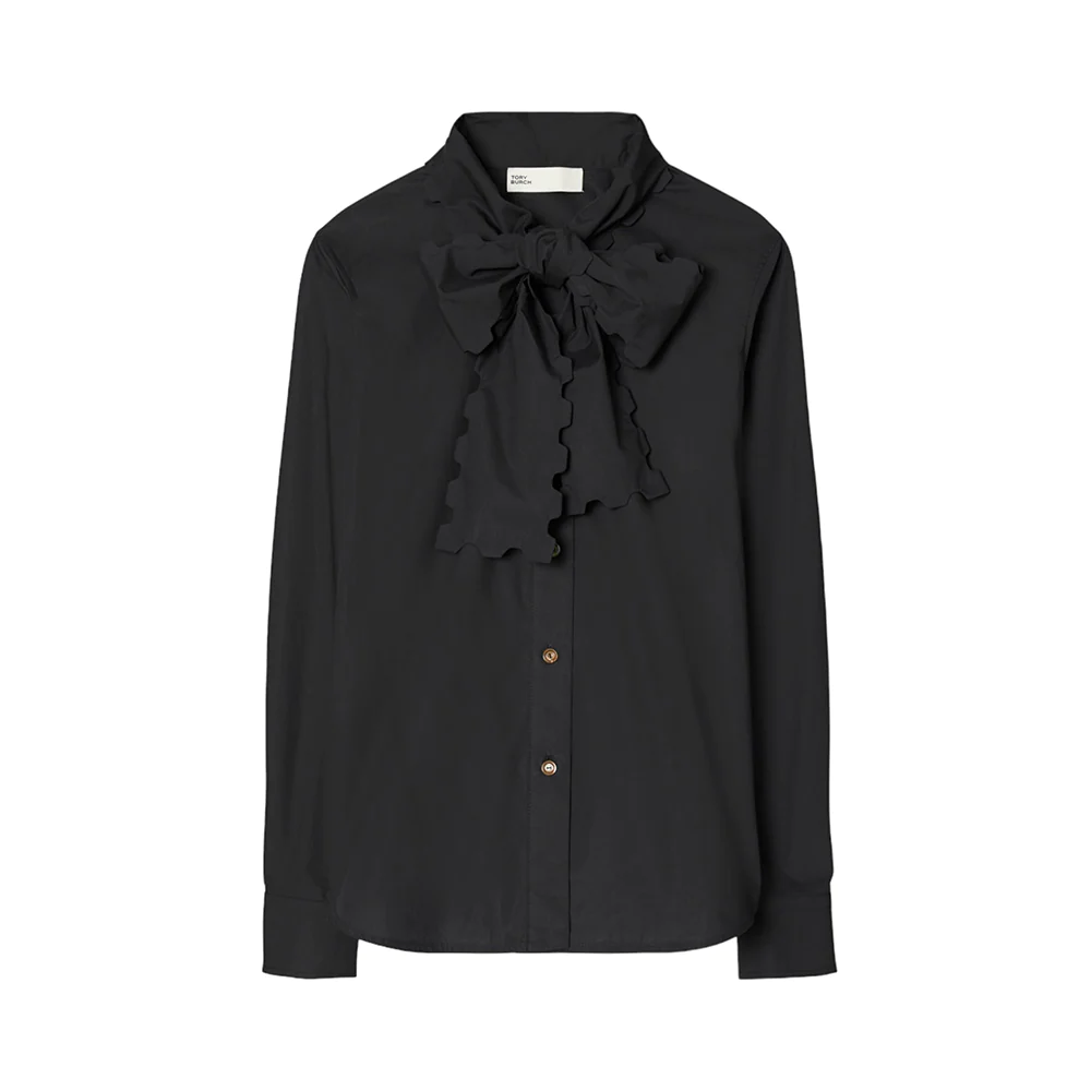 Tory Burch Poplin Scalloped Bow Blouse Black 