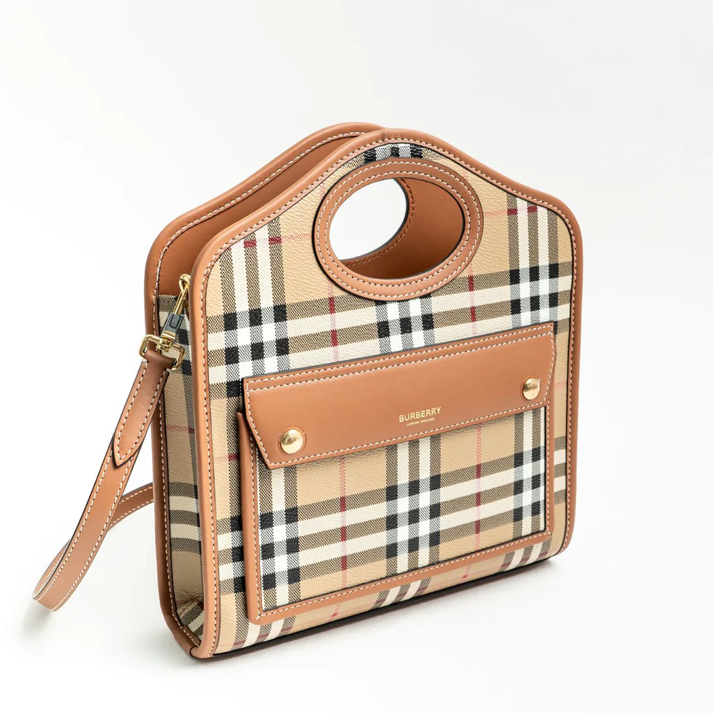 Burberry Check Canvas and Leather Pocket Bag Mini Briar Brown