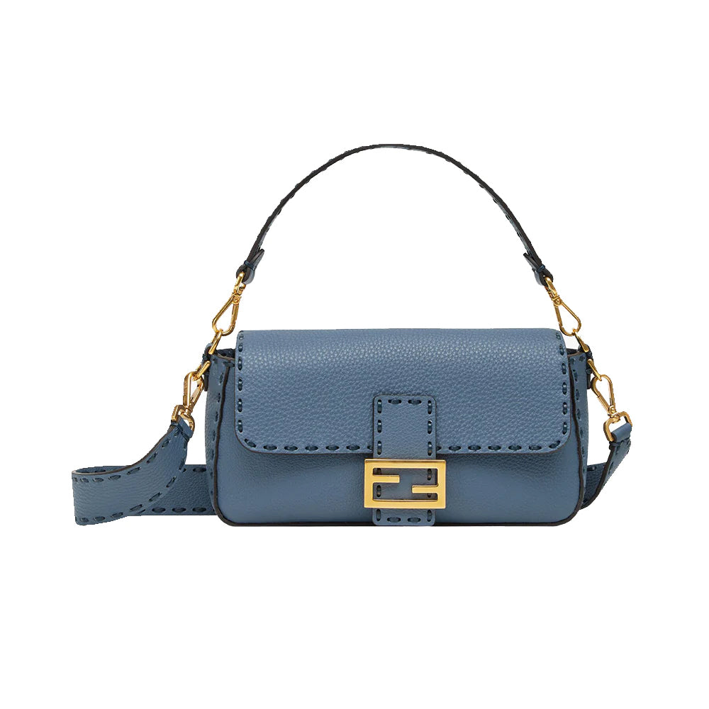 Fendi Baguette Handle Bag with Oversize Topstitching Blue 
