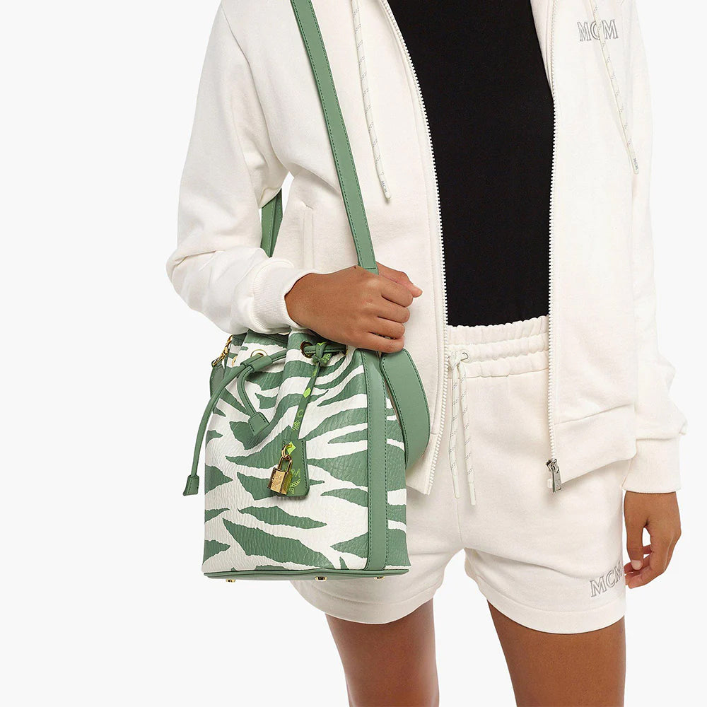 MCM Dessau Drawstring Bucket Bag Medium Meta Safari Leather White