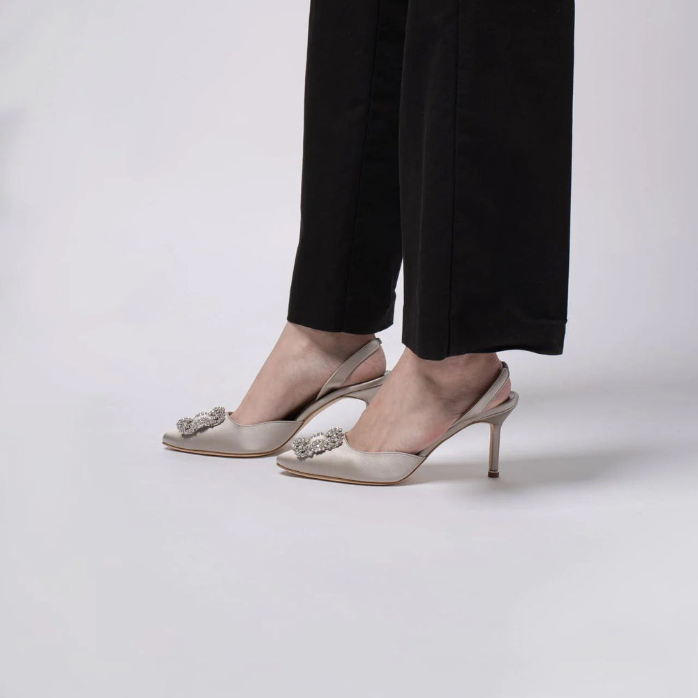 Manolo Blahnik Hangisli 70 Satin Slingback Heels with CLC Crystal