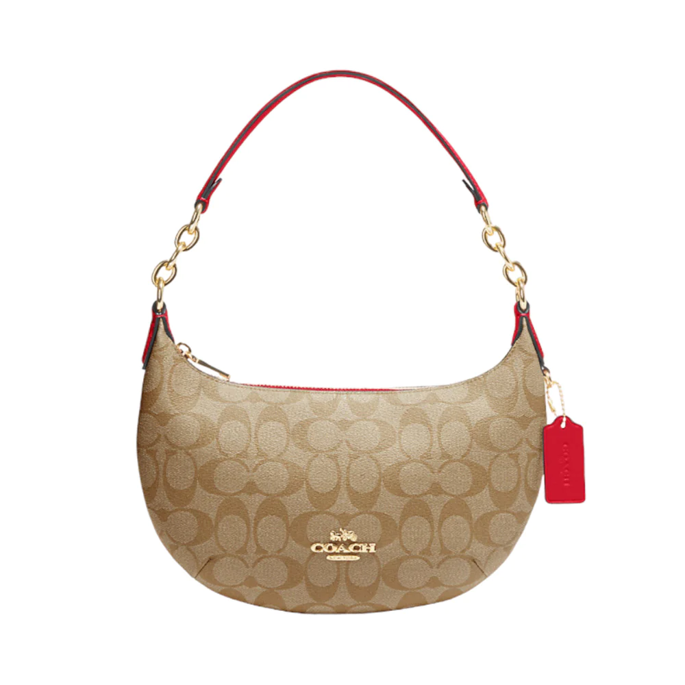 Coach Payton Hobo Signature Canvas Khaki Electric Red