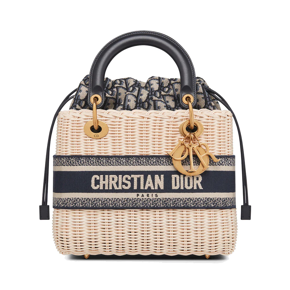 Dior Medium Lady D Natural Wicker and Blue D Oblique Jacquard