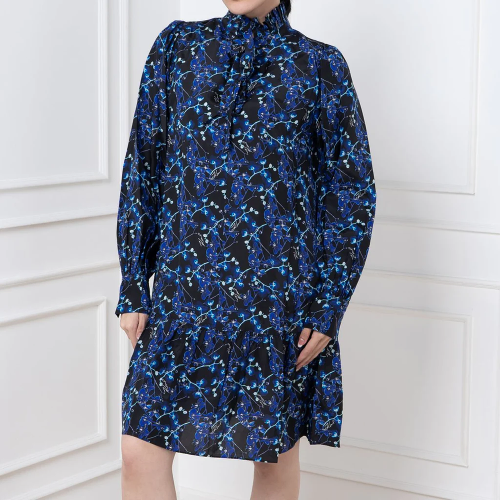 Karl Lagerfeld Orchid Print Silk Dress Blue