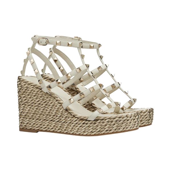 Rockstud Strap Wedge Sandal 9.5cm Calf Light Ivory
