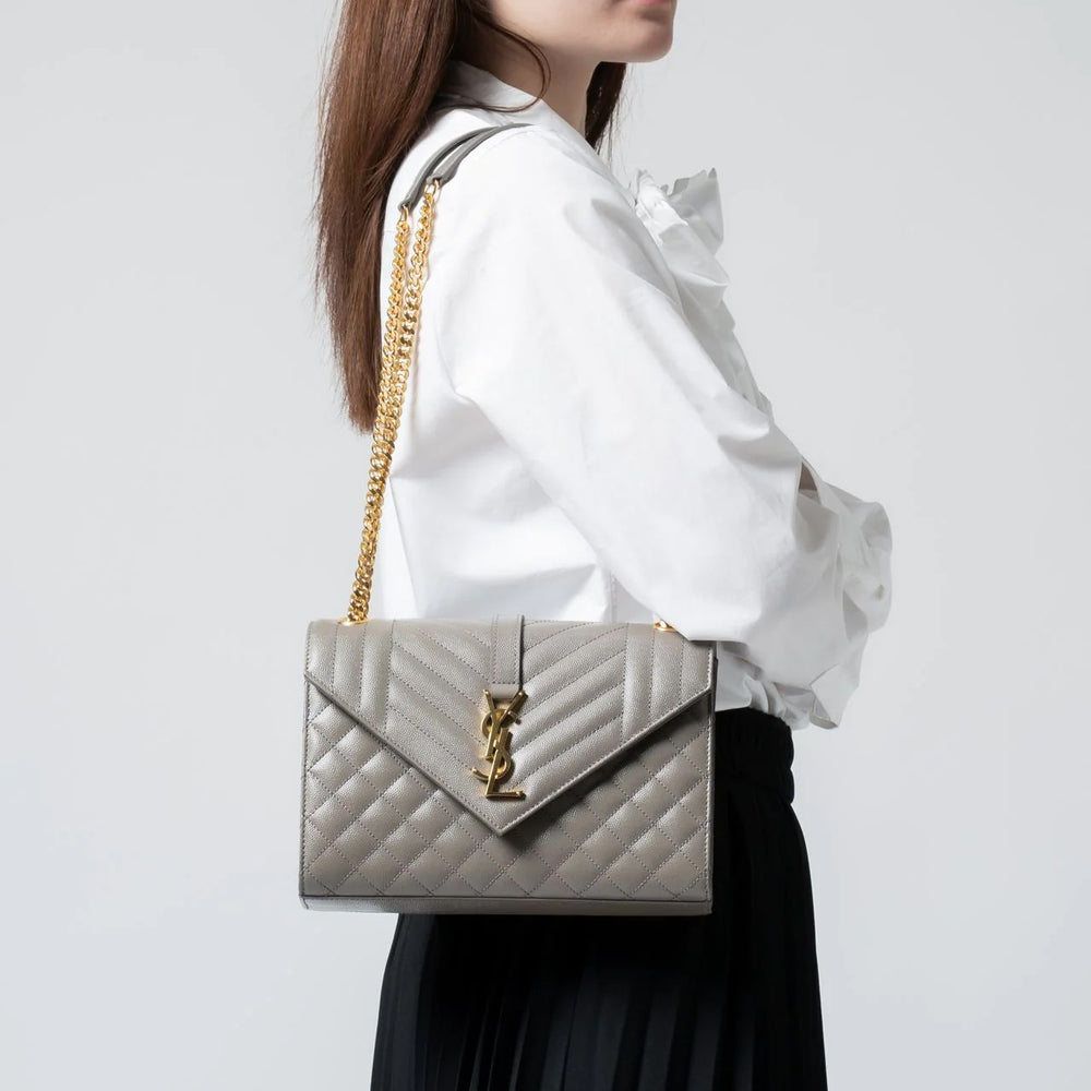Saint Laurent Envelope Medium Shoulder Bag Fog Ghw