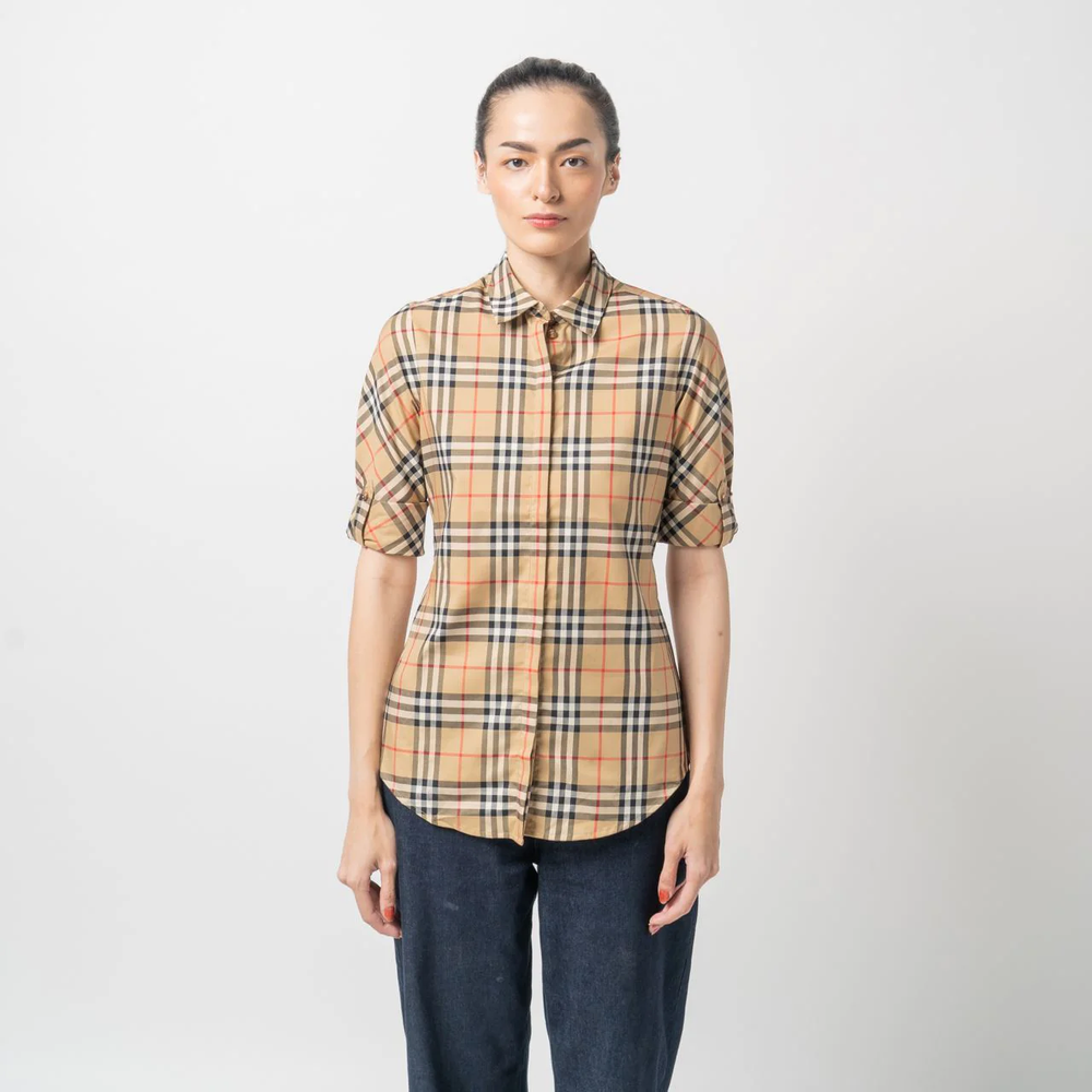 Burberry Vintage Check Stretch Cotton Twill Shirt Archive Beige