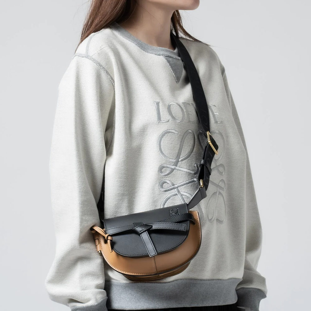 Loewe Mini Gate Dual Bag in Soft Calfskin and Jacquard Black/Warm Desert