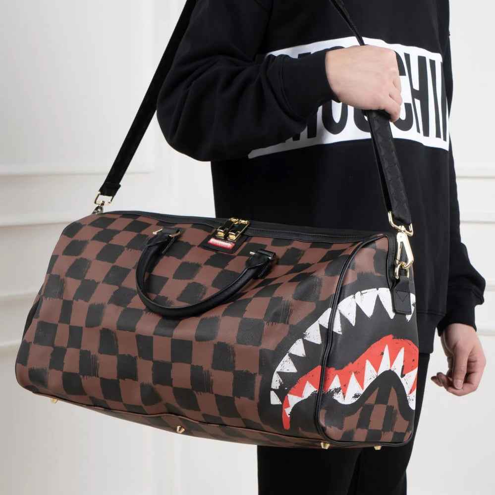 Sprayground Shark in Paris Painted Duffle Bag Brown