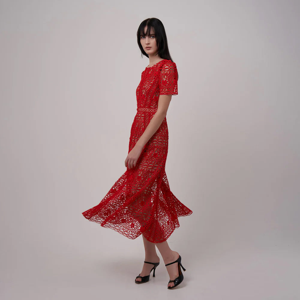 Self Portrait Guipure Lace Midi Dress Red
