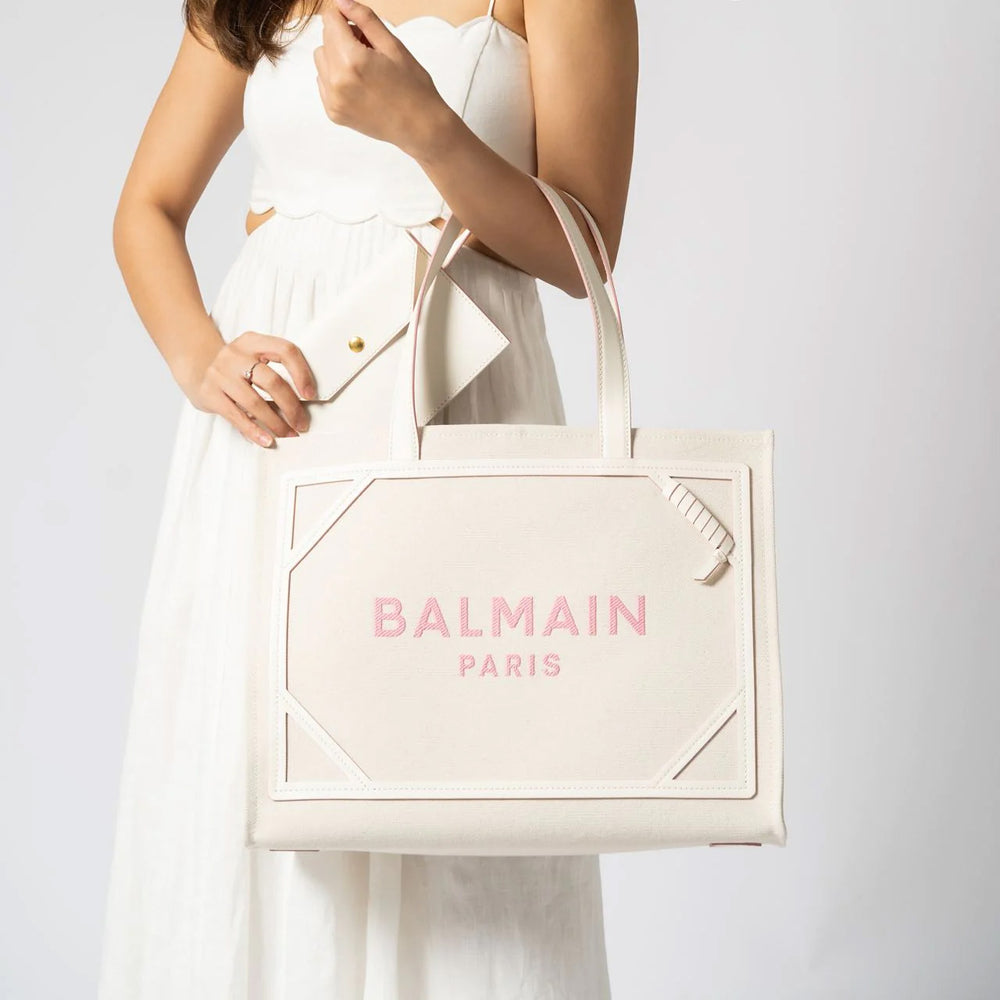 Balmain B-Army Medium Shopping Bag Cream White/Rose Pink