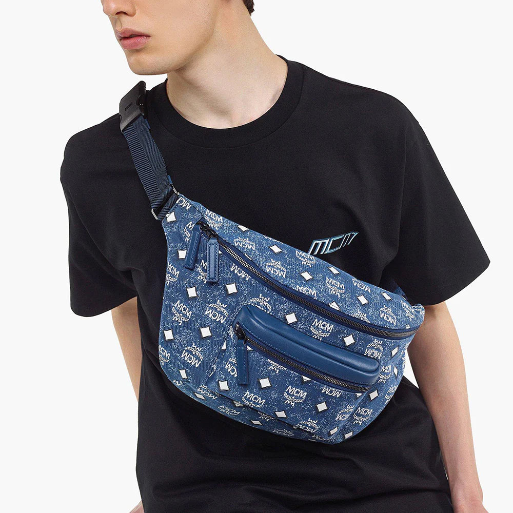 MCM Fursten Large Belt Bag in Vintage Denim Jacquard