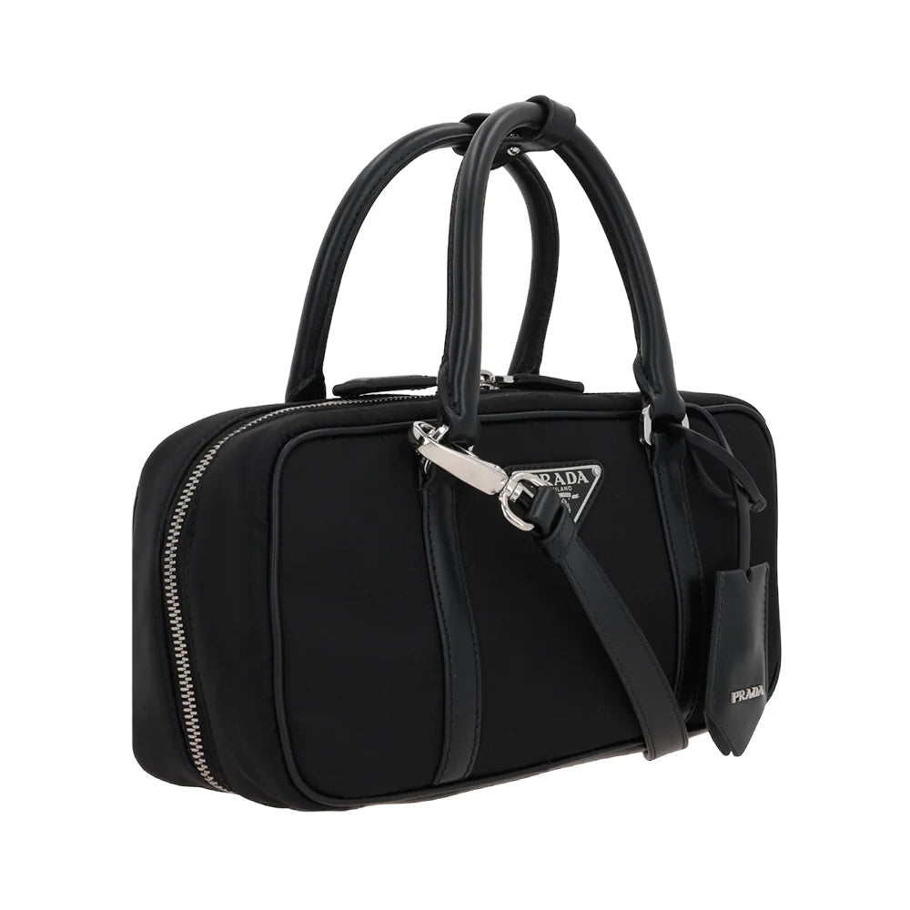 Re-Nylon and Leather Top Handle Bag Black