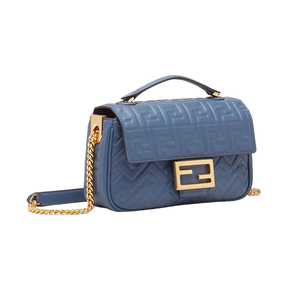 Fendi Baguette Chain Midi Leather Bag FF Embossed Blue Ghw