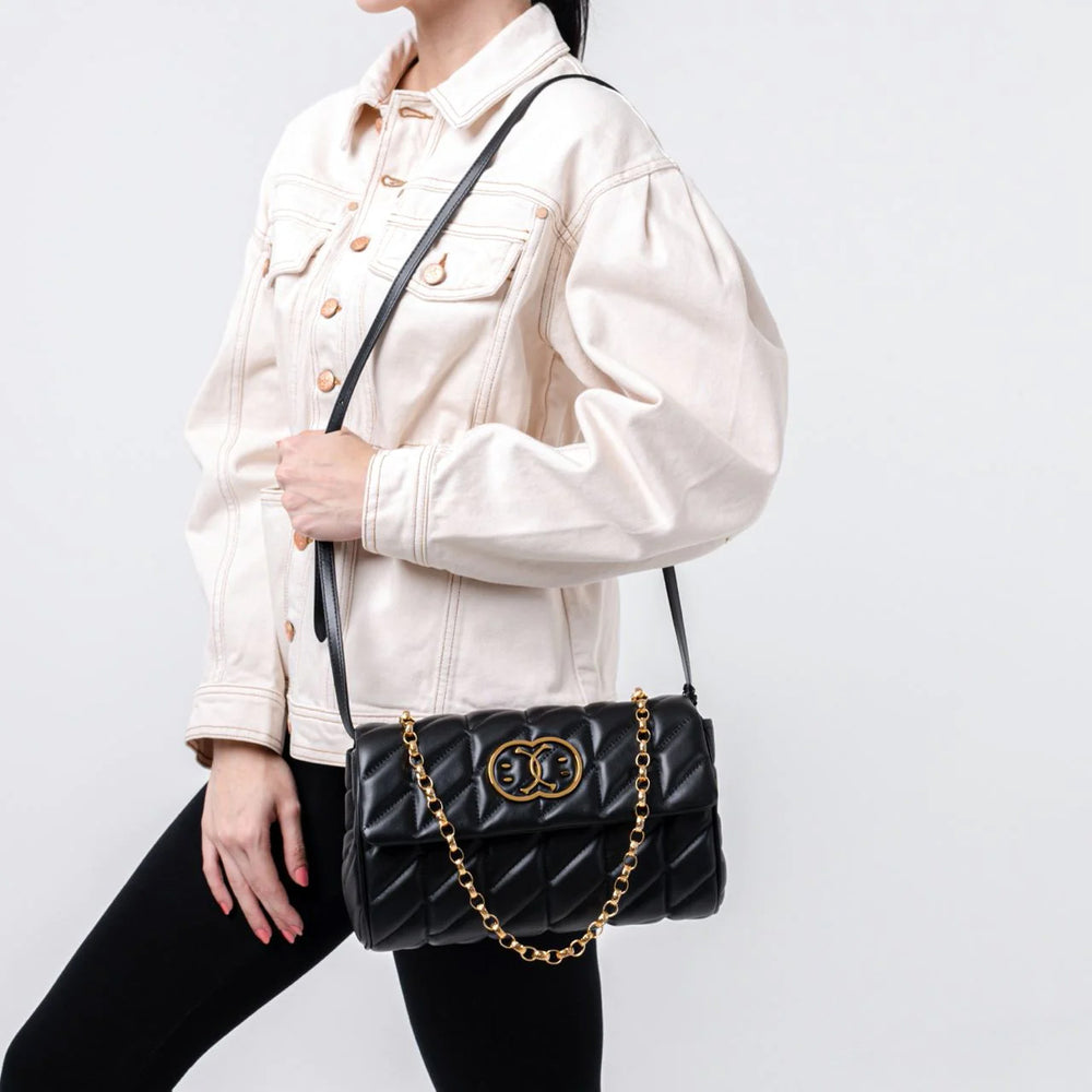 Moschino Double Smiley Quilted Flap Shoulder Bag Black Ghw
