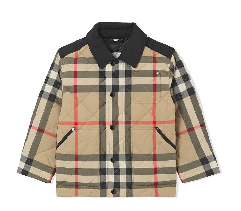 Burberry Kids Logo Appliqué Check Diamond Quilted Jacket Archive Beige
