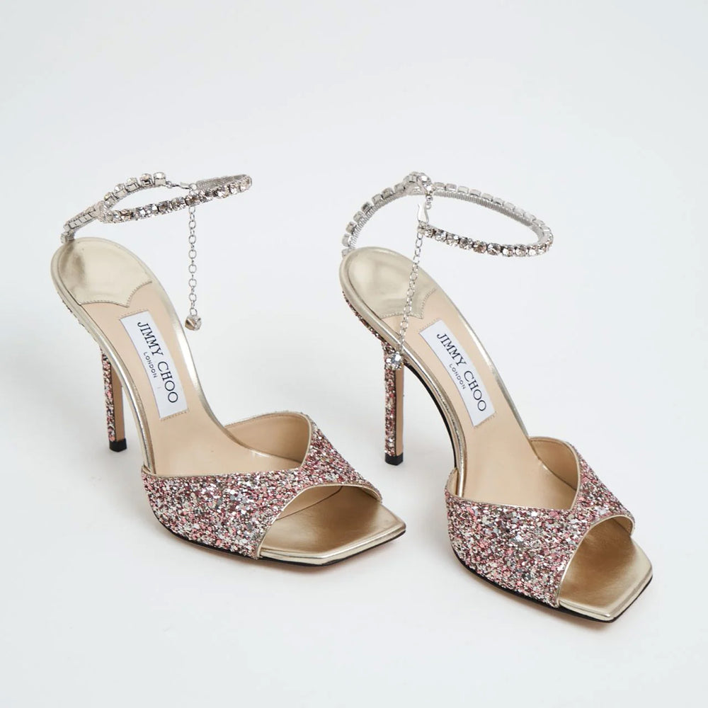 Jimmy Choo Saeda Sandals 100 Glitter Fabric Crystal Chain Ankle Strap Rose Mix