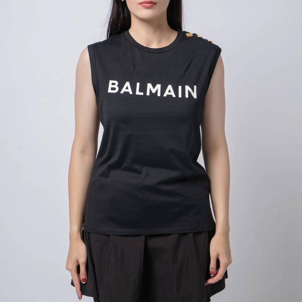 Balmain Flock Coin White Logo Print Sleeveless T-Shirt Black