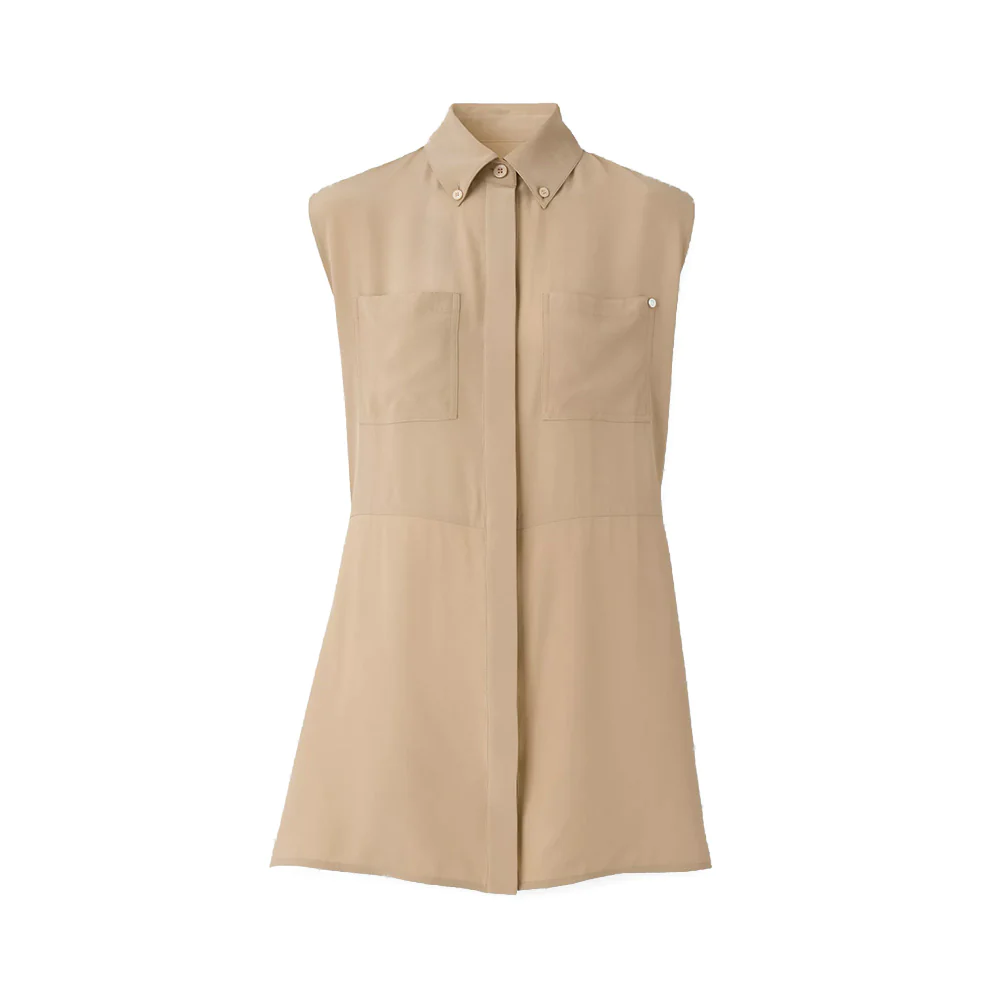 Burberry Sleeveless Draped Panel Silk Crepe Shirt Soft Fawn 