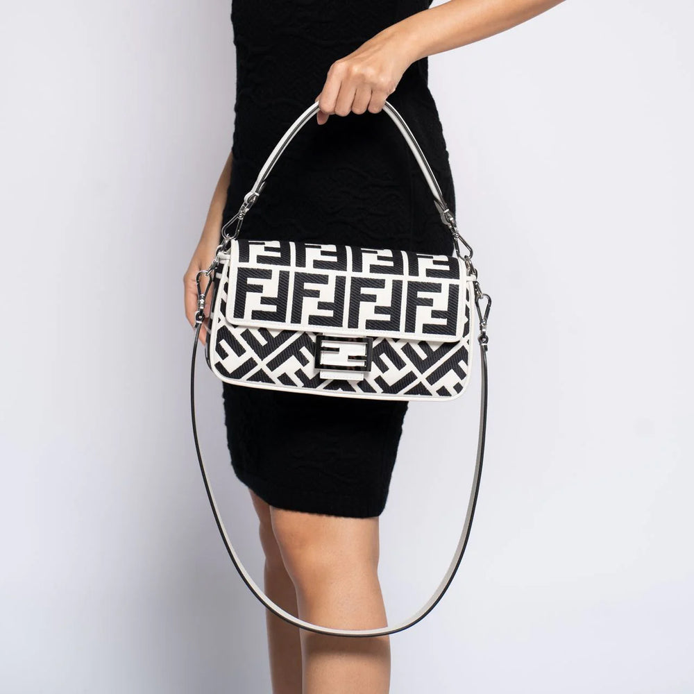 Fendi FF Embroidered Baguette Canvas Bag White Black 